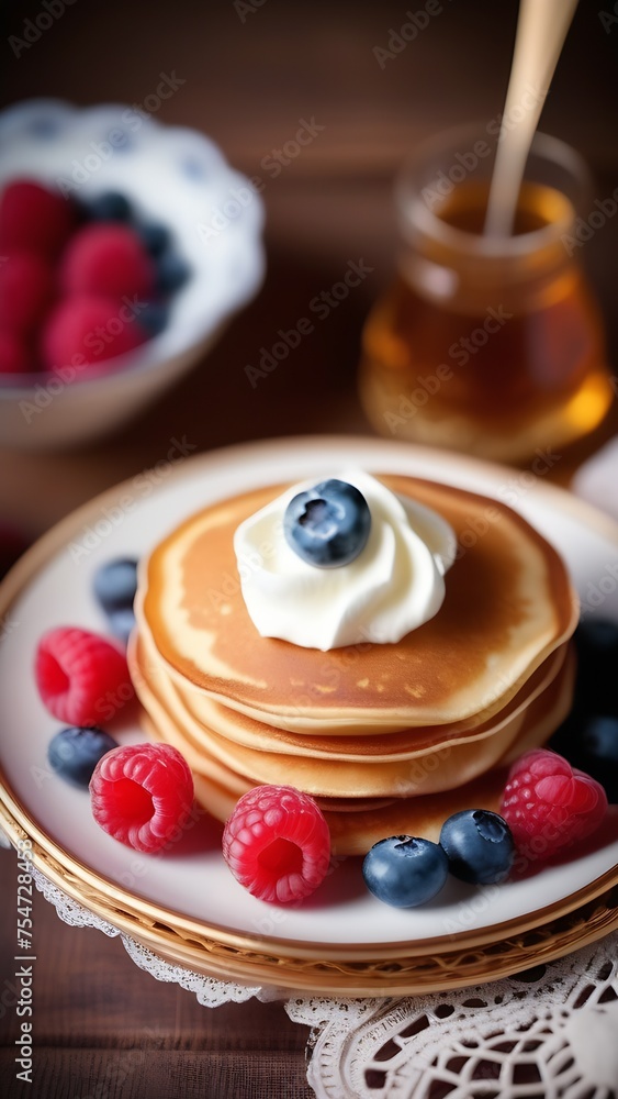 pancakes with sour cream,fresh blueberry and raspberry,honey,white tableware,wooden background. pancakes with sour cream,fresh blueberry and raspberry,honey,white tableware,wooden background.