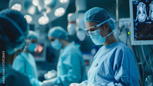 A group of surgeons are performing a surgery. Scene is serious and focused. The surgeons are wearing blue scrubs and masks, and the room is lit with bright lights