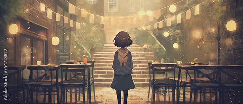 anime scene of a woman standing in a restaurant with a staircase