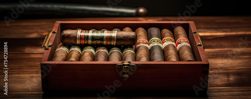 Vintage cigars in an open wooden box photo