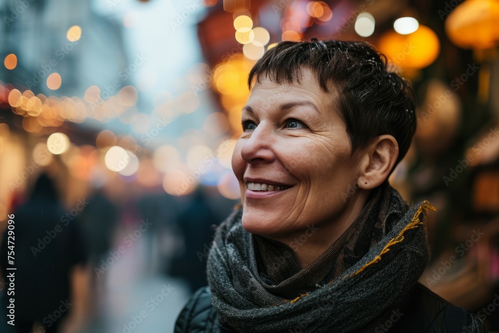 Portrait of smiling middle-aged woman on the background of Christmas market. Portrait of smiling middle-aged woman on the background of Christmas market.