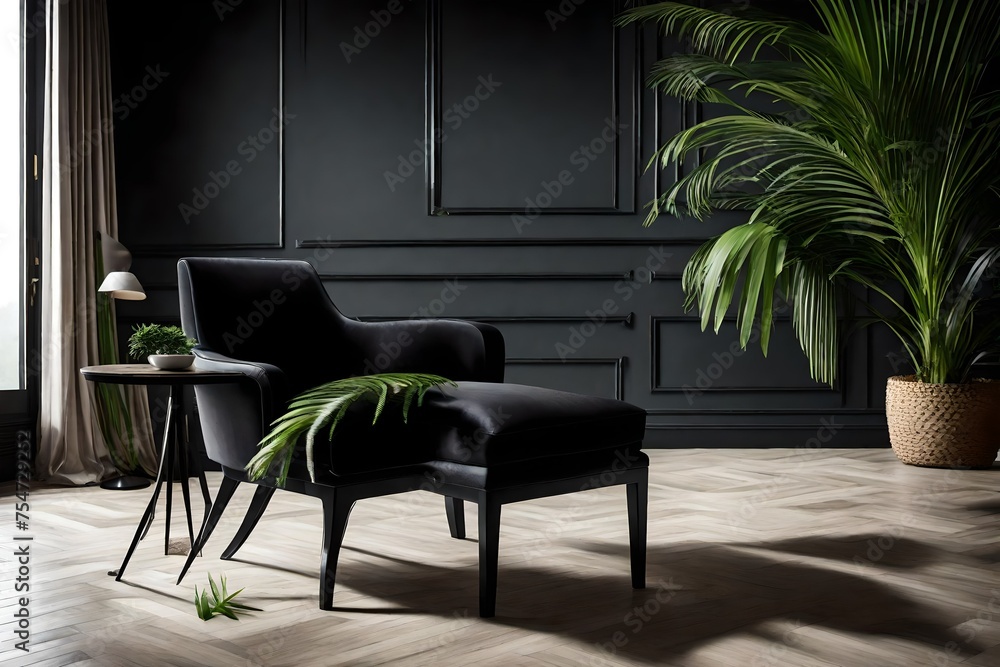 A high-definition image capturing the elegance of a black chair complemented by the presence of a lush green palm plant, enhancing the aesthetics of the room.