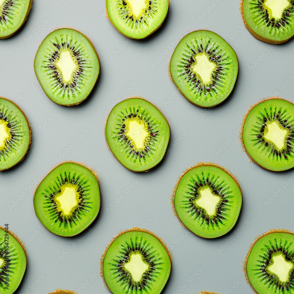 Fototapeta premium Pattern with kiwi pieces.Bright juicy background with kiwi. Green background with kiwi fruit.Template,wallpaper,background with kiwis