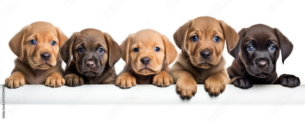 Puppies with blank signs hiding their faces on white background.