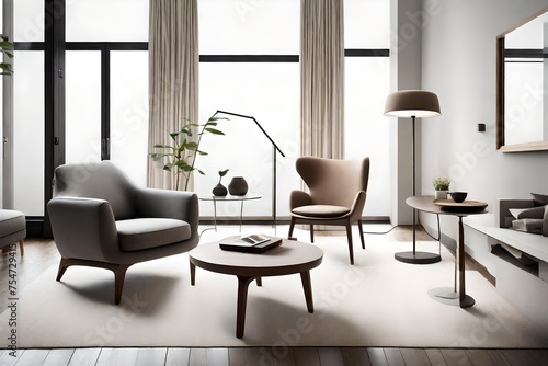 A minimalist living space with a contemporary armchair, a chic coffee table, and a sophisticated floor lamp, creating a serene atmosphere.