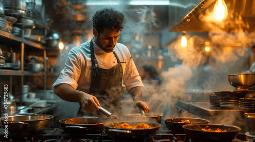 Chef preparing food in the kitchen of a restaurant or hotel.