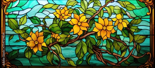 A stained glass window featuring intricate designs of yellow flowers and green leaves. The vibrant colors shine through the glass, creating a beautiful display of natures beauty.