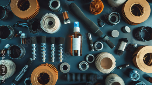 A striking orange and black arrangement of mechanical parts creates an industrial backdrop for a cosmetic spray bottle photo