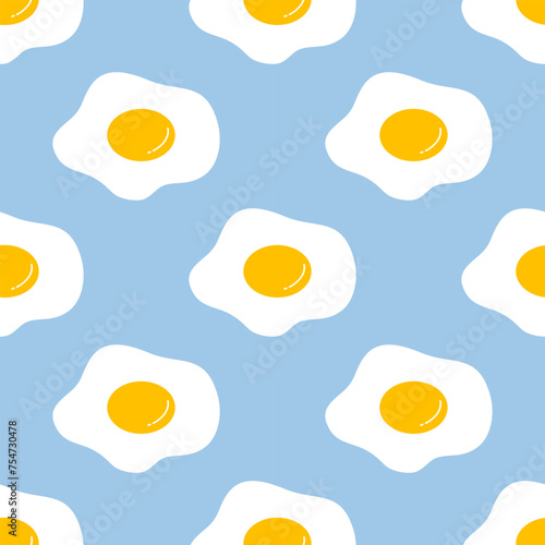 Seamless pattern cute fried eggs on blue background. Vector illustration.