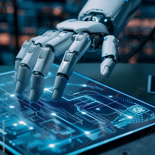 A robot's hand is touching a computer screen. Concept of technology and innovation, as well as the potential for human-like interaction with machines