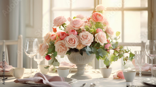 Beautiful table setting with bouquet indoors. Roses
