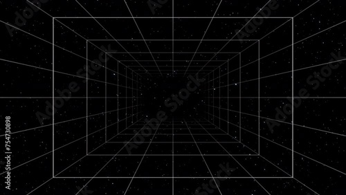 Retro Futuristic 80-90's Universe space tunnel Background, Abstract digital tunnel with star moving. Retro futurism, Retro wave cyber grid animation loop.