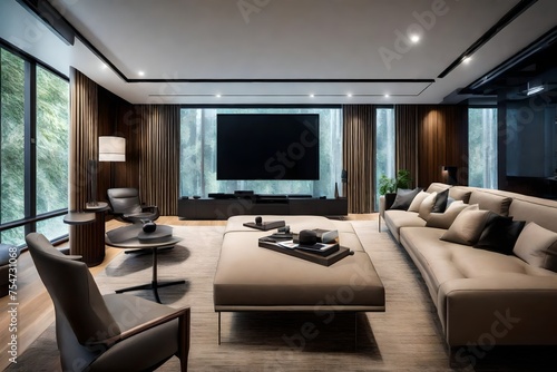 Tech-Savvy Entertainment Room with Sleek Audiovisual Setup and Comfortable Seating.