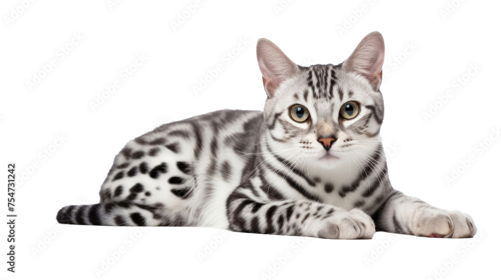 adult white spotted cat lies on its side and looks at the camera isolated on white background