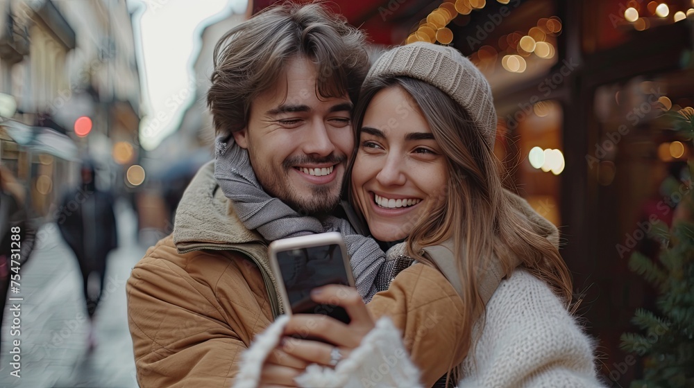 happy young couple woman and man hugging using smartphone together social media concept  