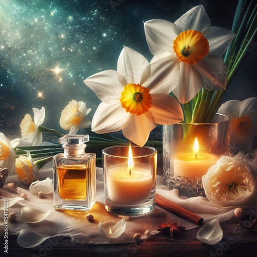 still life with candles and narcissus flower