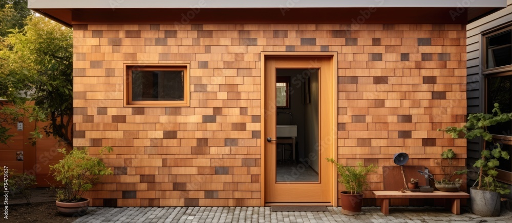 A small brick building with stacked tiles and a wooden door is seen in a backyard shed at a modern house. The structure includes windows and a doorway. A small brick building with stacked tiles and a wooden door is seen in a backyard shed at a modern house. The structure includes windows and a doorway.