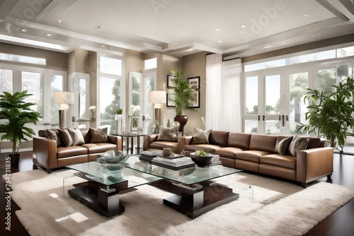 Serene ambiance captured in a bright living room  where leather couches and a polished glass top coffee table create an oasis of comfort and sophistication.