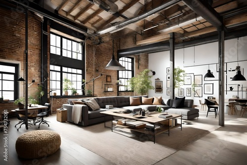 Modern Loft Space with Industrial Touches, Exposed Beams, and a Blend of Raw Materials.