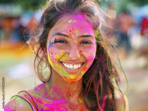 Beautiful Woman, colored face at holi festival in india, bharat, Festival of colors