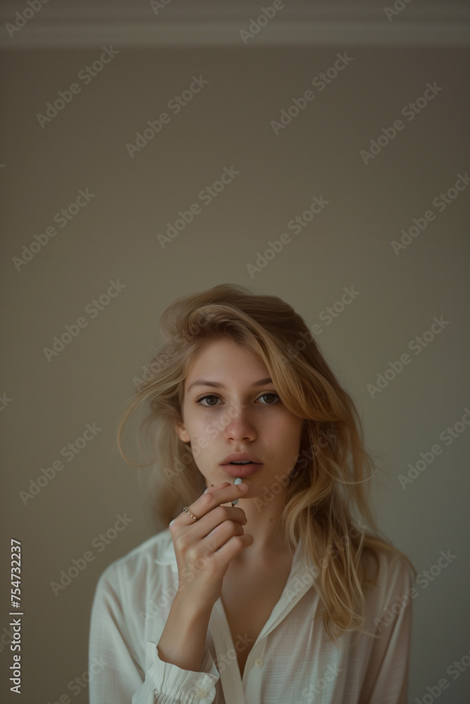 portrait of a woman taking a pill portrait of a woman taking a pill
