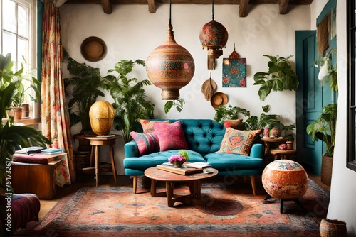 A bohemian-inspired living room filled with vibrant colors, featuring a patterned armchair, an eclectic table, and a hanging globe lamp, exuding free-spirited charm. © Hafsa