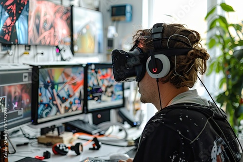 A digital artist creating virtual reality content in a studio filled with tech equipment