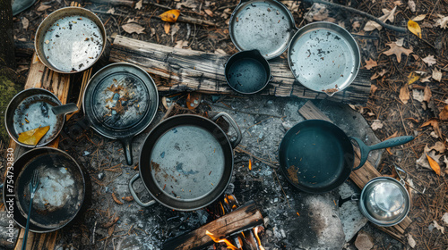 Camp cooking scene with soot-covered pots and pans scattered over wooden logs after a meal