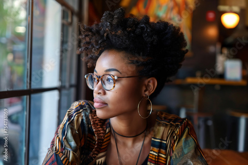 A young African American hipster woman with Afro hair  sitting at a cafe table. © ebhanu