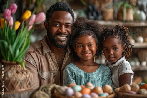 black family against the background of colored eggs. happy easter concept. homemade  seasonal  religious holiday style
