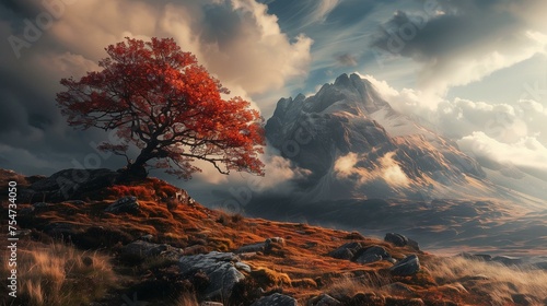 Majestic Mountain Landscape with Vibrant Autumn Foliage and Dynamic Cloudy Sky