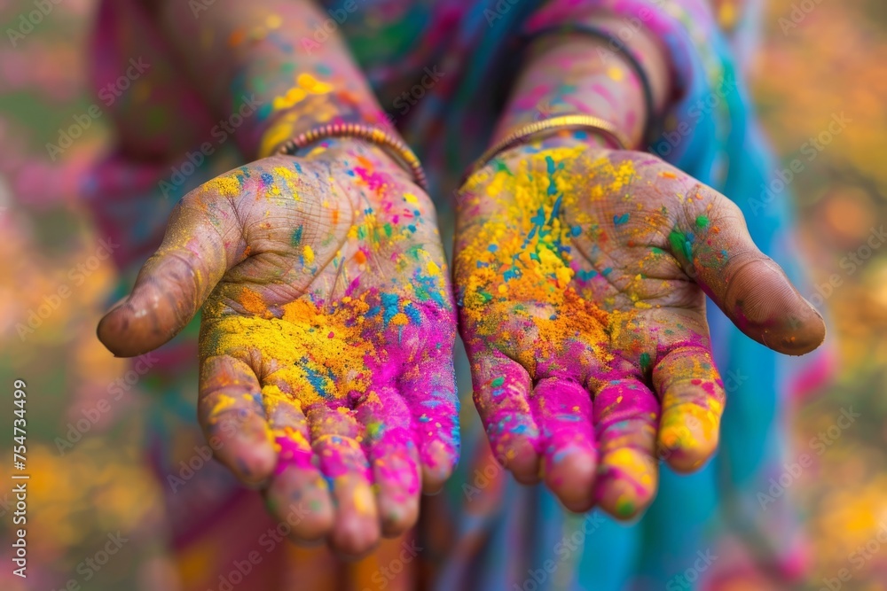 hands full of color paint at holi festival in india, bharat, Festival of colors, hindu celebrate