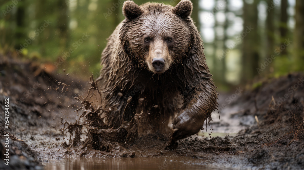Running brown bear in mud wild nature background. Running brown bear in mud wild nature background.