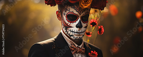 Halloween dark fantasy concept. gentleman skeleton in autumn colors.
