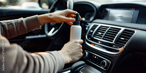 Person spraying antibacterial sanitizer inside vehicle interior to maintain cleanliness and hygiene photo