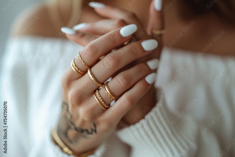 Die Hand einer Frau in Nahaufnahme mit weißen Fingernägeln, Tattoos und goldenen Ringen 