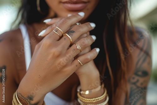 Die Hand einer Frau in Nahaufnahme mit weißen Fingernägeln, Tattoos und goldenen Ringen 