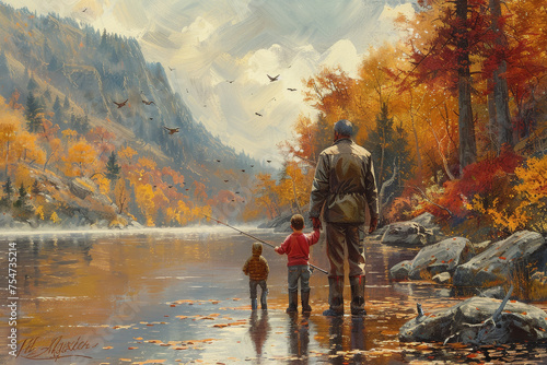 Father and son fishing together by the lake happily on holiday. AI Generated
