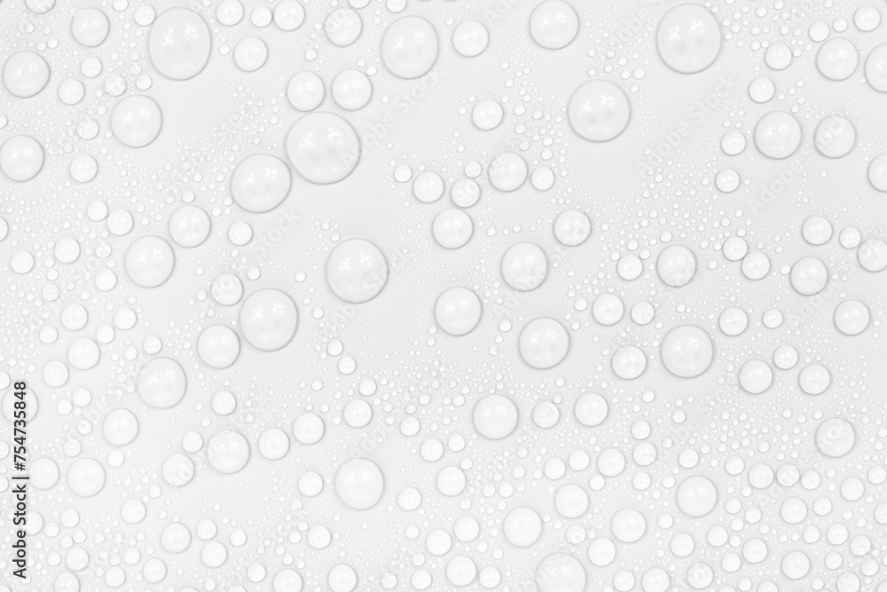 Water drops on white background texture. backdrop glass covered with drops of water.  bubbles in water