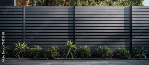 A metal gray fence in the form of blinds stands as a boundary between a private area and the outside world. Lush green plants are neatly lined up in front of the fence  adding a touch of nature to the