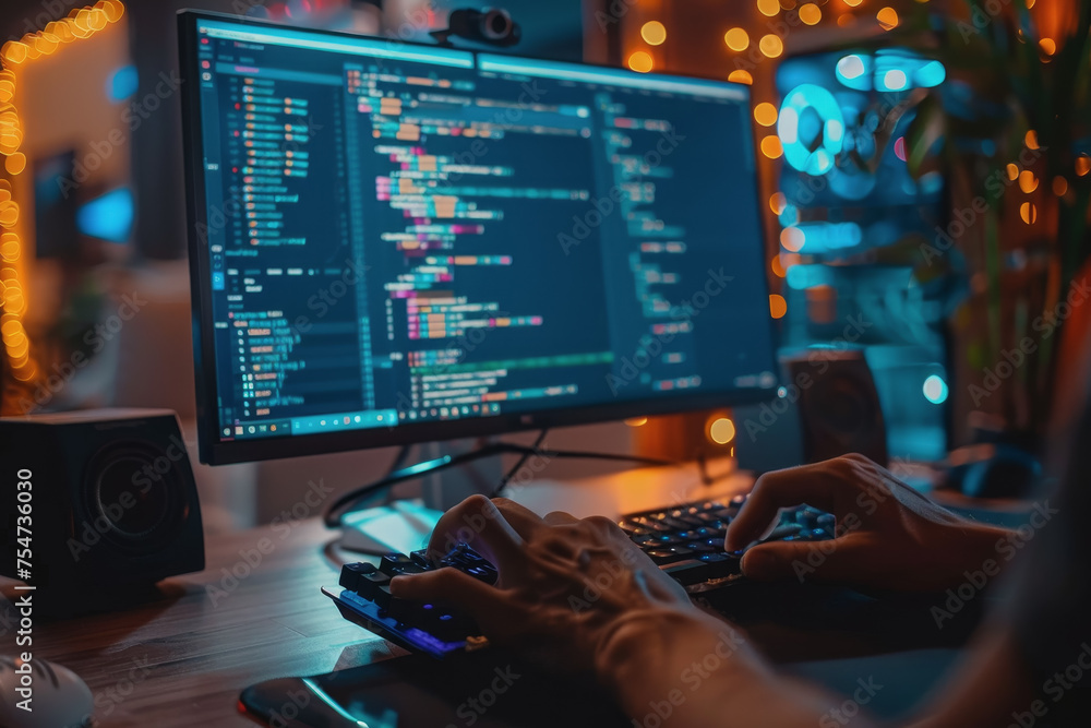 Programmer's hands on keyboard writing source code, screen showing code. AI Generated Programmer's hands on keyboard writing source code, screen showing code. AI Generated
