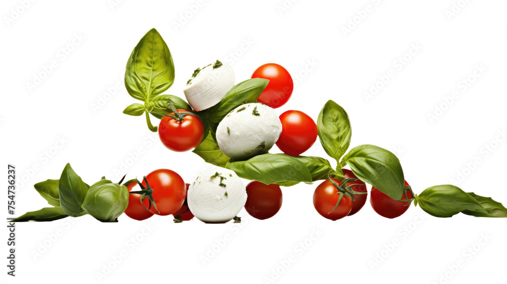 levitation of cherry tomatoes, basil leaves and mozzarella isolated on a white background levitation of cherry tomatoes, basil leaves and mozzarella isolated on a white background