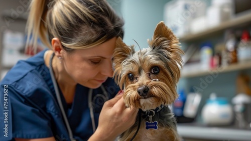 Compassionate veterinarian examining Yorkshire terrier in clinic © Georgii