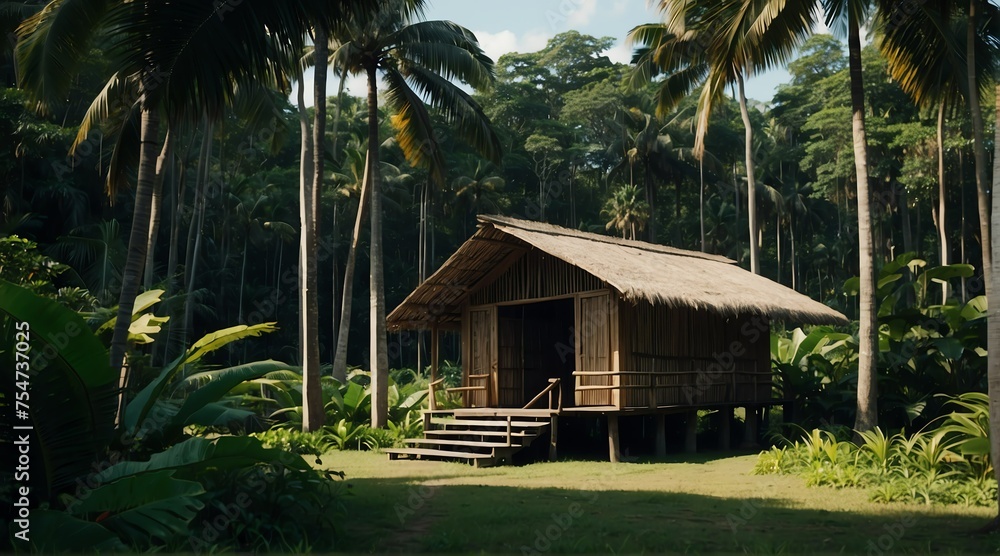a nipa hut on the middle of forest from Generative AI