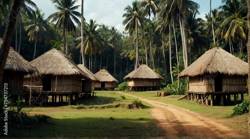 a village of nipa huts on the middle of forest from Generative AI