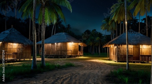 a village of nipa huts on the middle of forest at night from Generative AI © Arceli