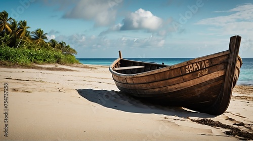 a wooden boat at the beach on a remote island from Generative AI