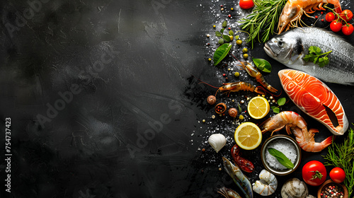 Fresh fish and seafood on black background, generative ai