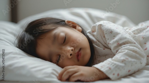 Close up of a sleeping asian child girl on a white bed in the bedroom from Generative AI