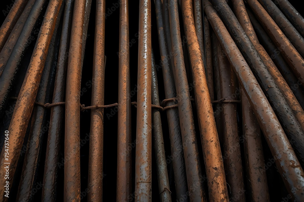 large rusty metal rebars on plain black background from Generative AI large rusty metal rebars on plain black background from Generative AI